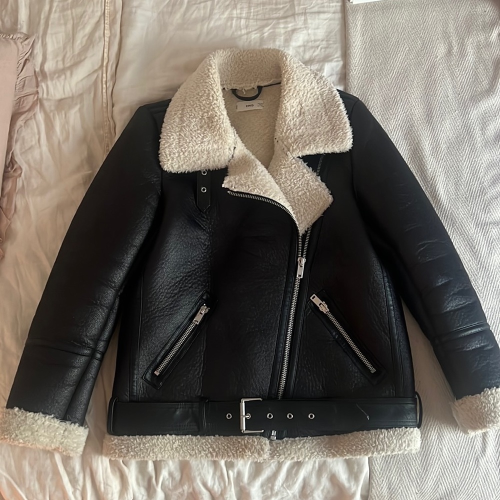 Mango Faux Leather and Shearling Moto Jacket